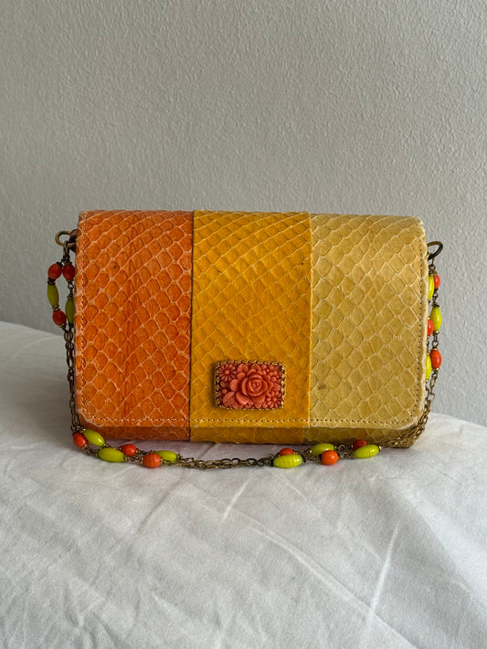 Vintage Rare Sunset Python Leather Beaded Chain Clutch Bag