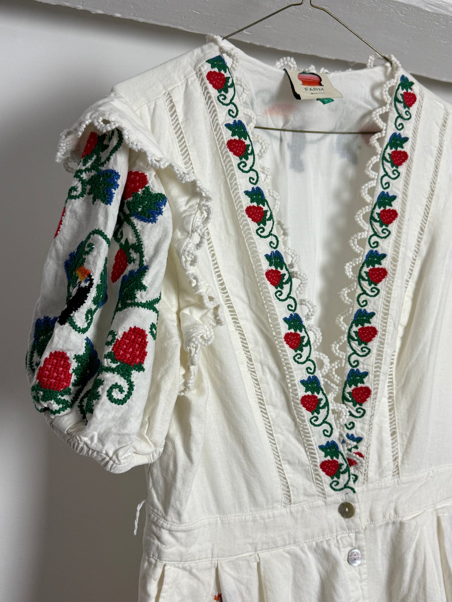 FARM Rio Embroidered Strawberry and Toucan Cotton Playsuit