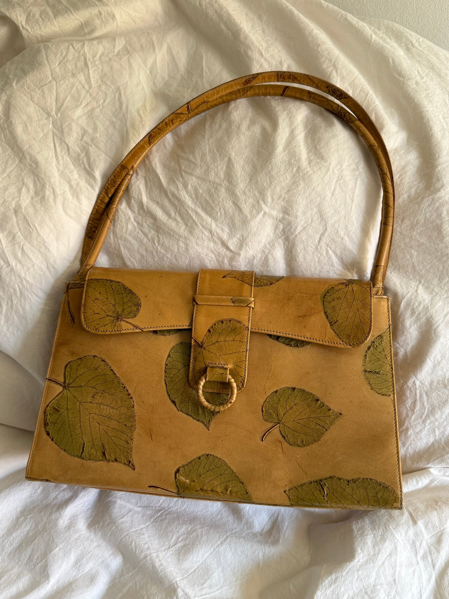 Vintage Leather Shoulder Bag and Matching Wallet with Pressed Leaves