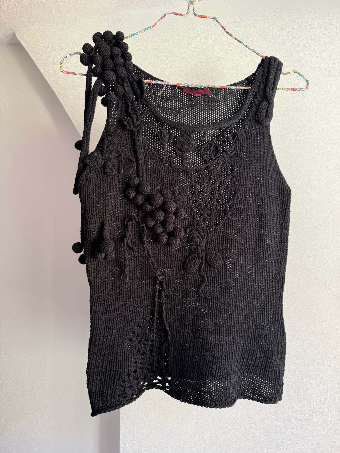 Rare Vintage Kenzo Black Knit Tank with Sculptural Crochet Details