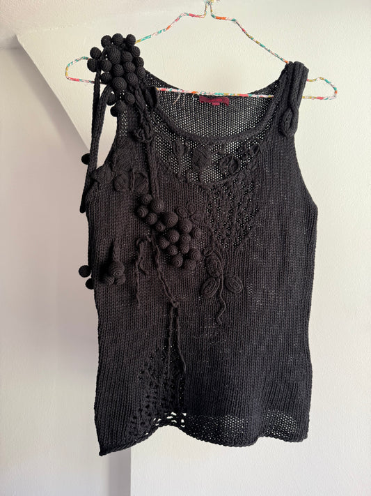 Rare Vintage Kenzo Black Knit Tank with Sculptural Crochet Details