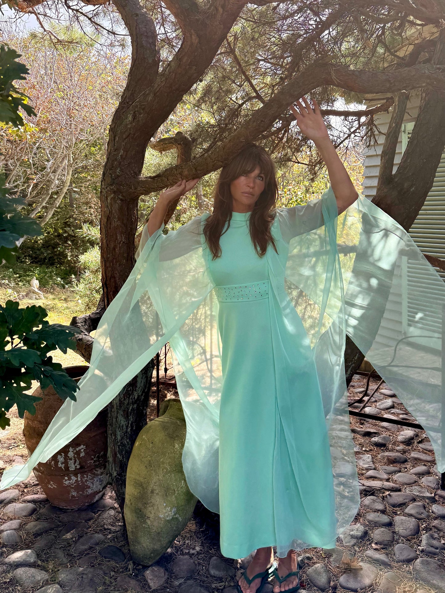Vintage 60s-70s Mint Green Chiffon Cape Maxi Dress with Rhinestones