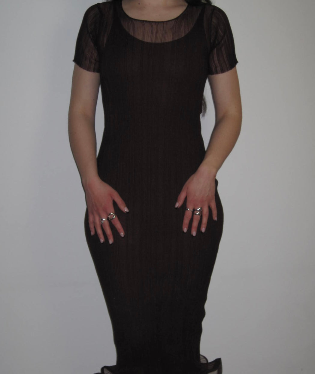 Simkhai Sheer Pleated Ruffle Hem Bodycon Chocolate Maxi Dress