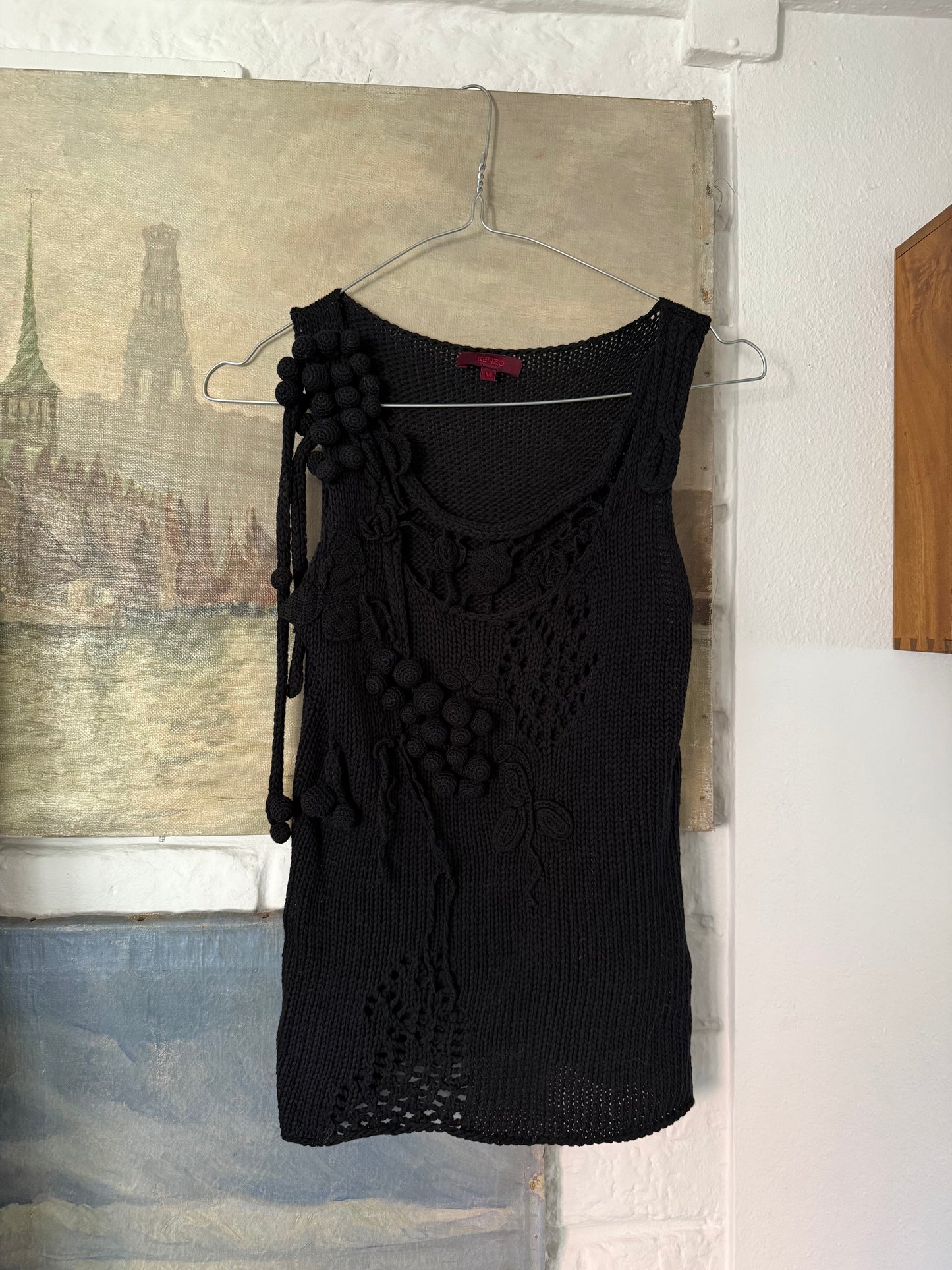 Rare Vintage Kenzo Black Knit Tank with Sculptural Crochet Details