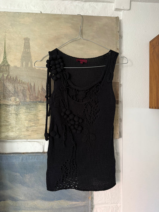 Rare Vintage Kenzo Black Knit Tank with Sculptural Crochet Details