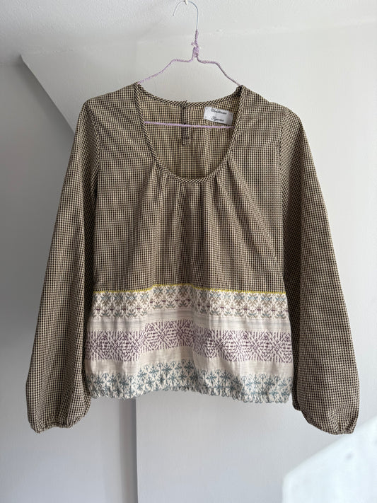 Christensen X Sigersen Brown Gingham Blouse with Decorative Woven Panel Size S