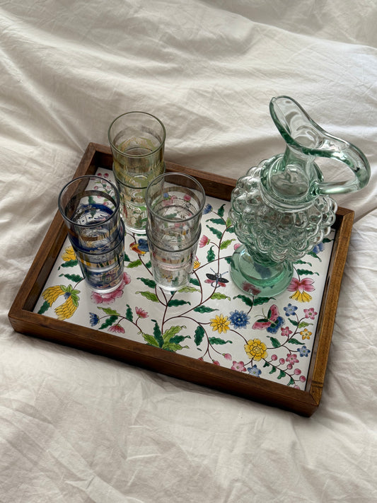 Vintage Wooden & Ceramic Serving Tray with Hand-Painted Flowers and Birds