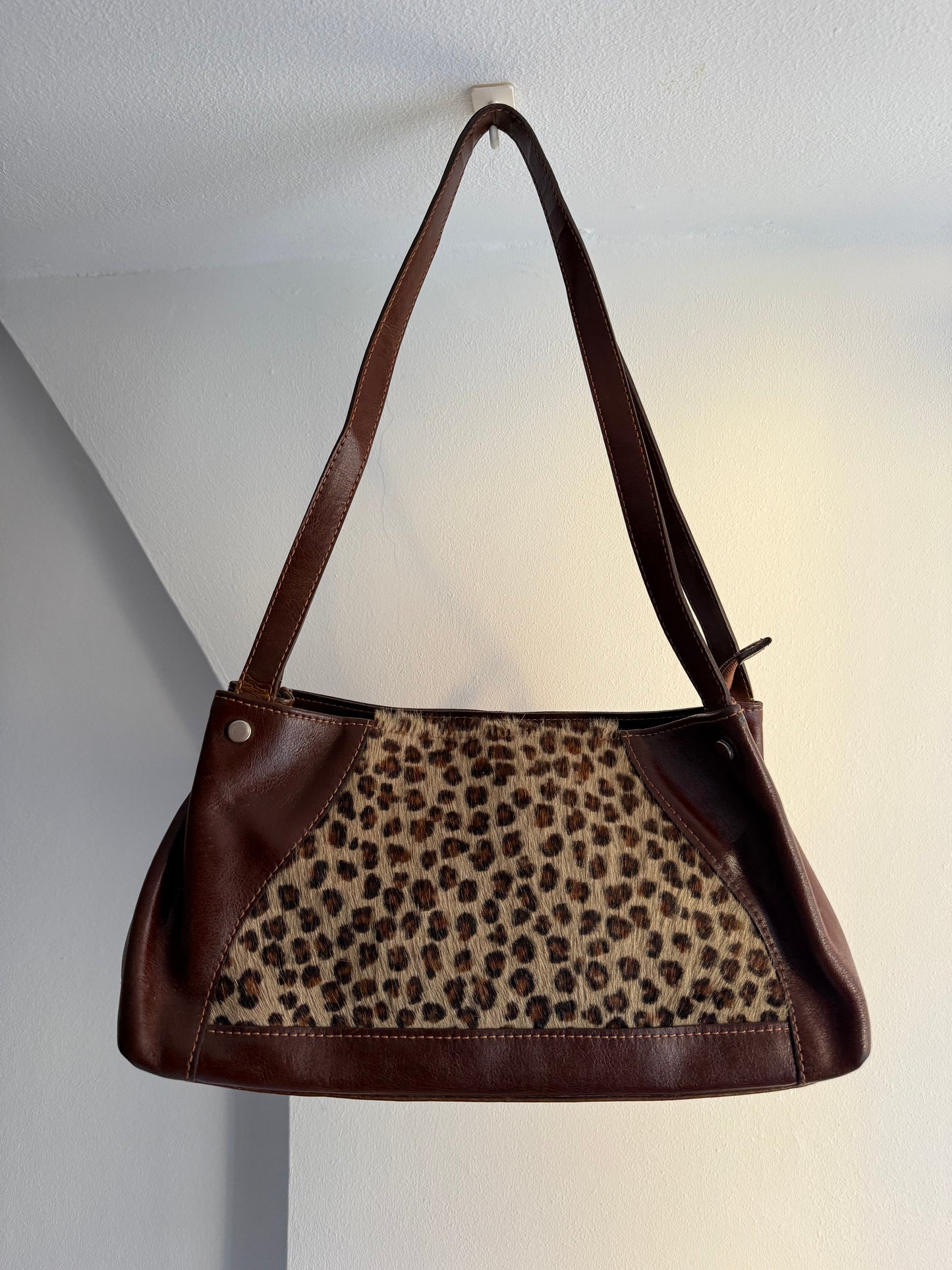 Vintage 90s Leopard Pony Hair Leather Shoulder Bag