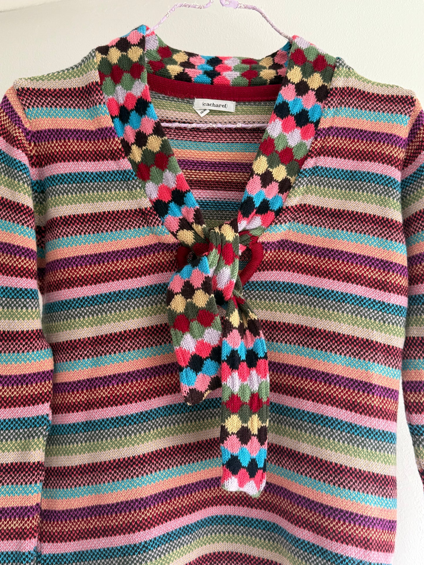 Vintage Rare Cacharel Rainbow Stripe Wool Blend Knit Top With Diamond Tie Scarf Detail