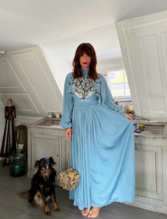 Vintage Rare Jean Varon Sky Blue Maxi Dress with Appliqué Details