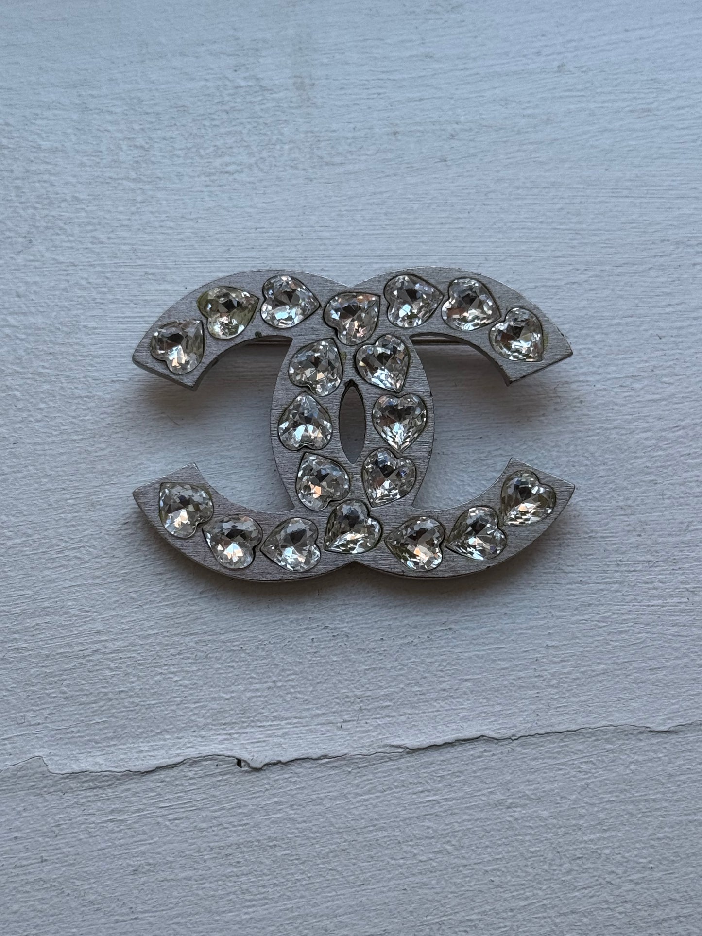 Vintage Chanel CC Logo Brooch with Heart Shaped Crystals in Silver Tone