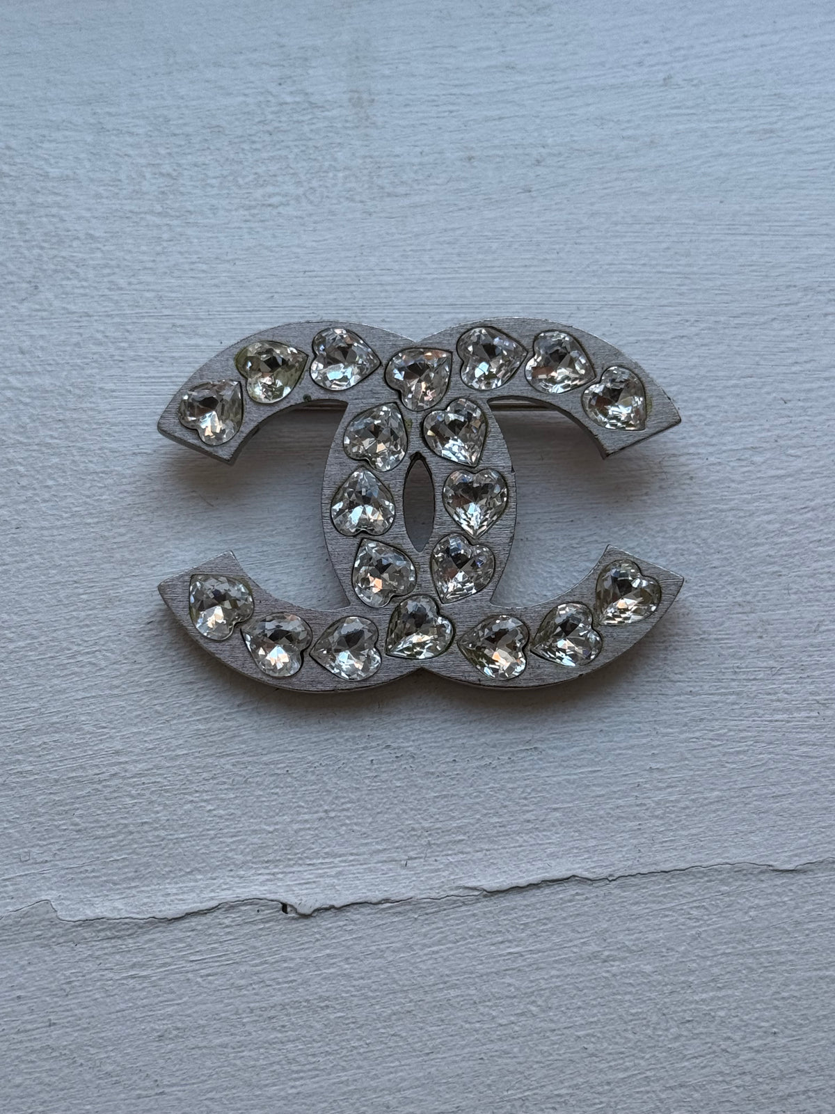Vintage Chanel CC Logo Brooch with Heart Shaped Crystals in Silver Tone