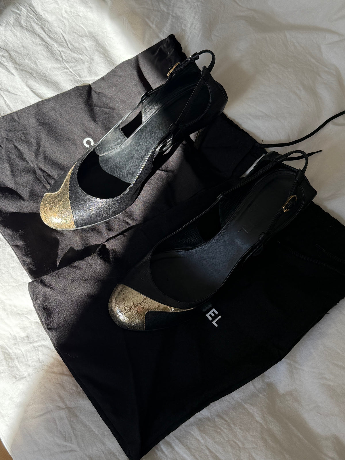 Vintage Chanel Black Leather & Gold CC Sculptural Heel Slingback Pumps
