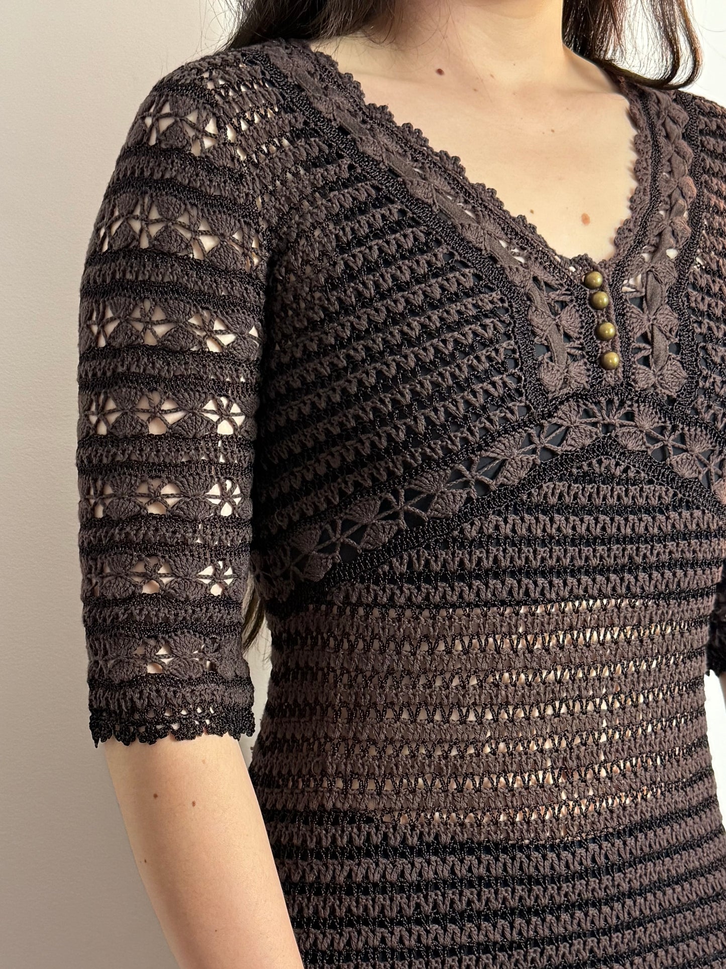 Vintage Karen Millen Brown Crochet Lace Knit Midi Dress