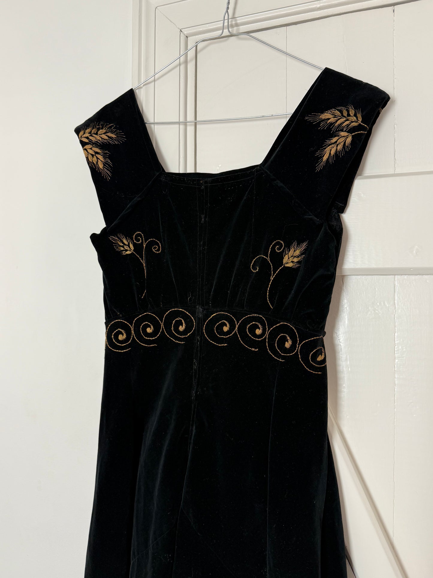 Vintage Black Velvet Embroidered Midi Dress with Gold Floral Details
