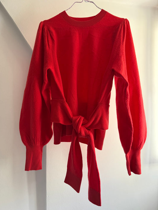 Vintage Ulla Johnson Red Merino Wool Tie Waist Sweater