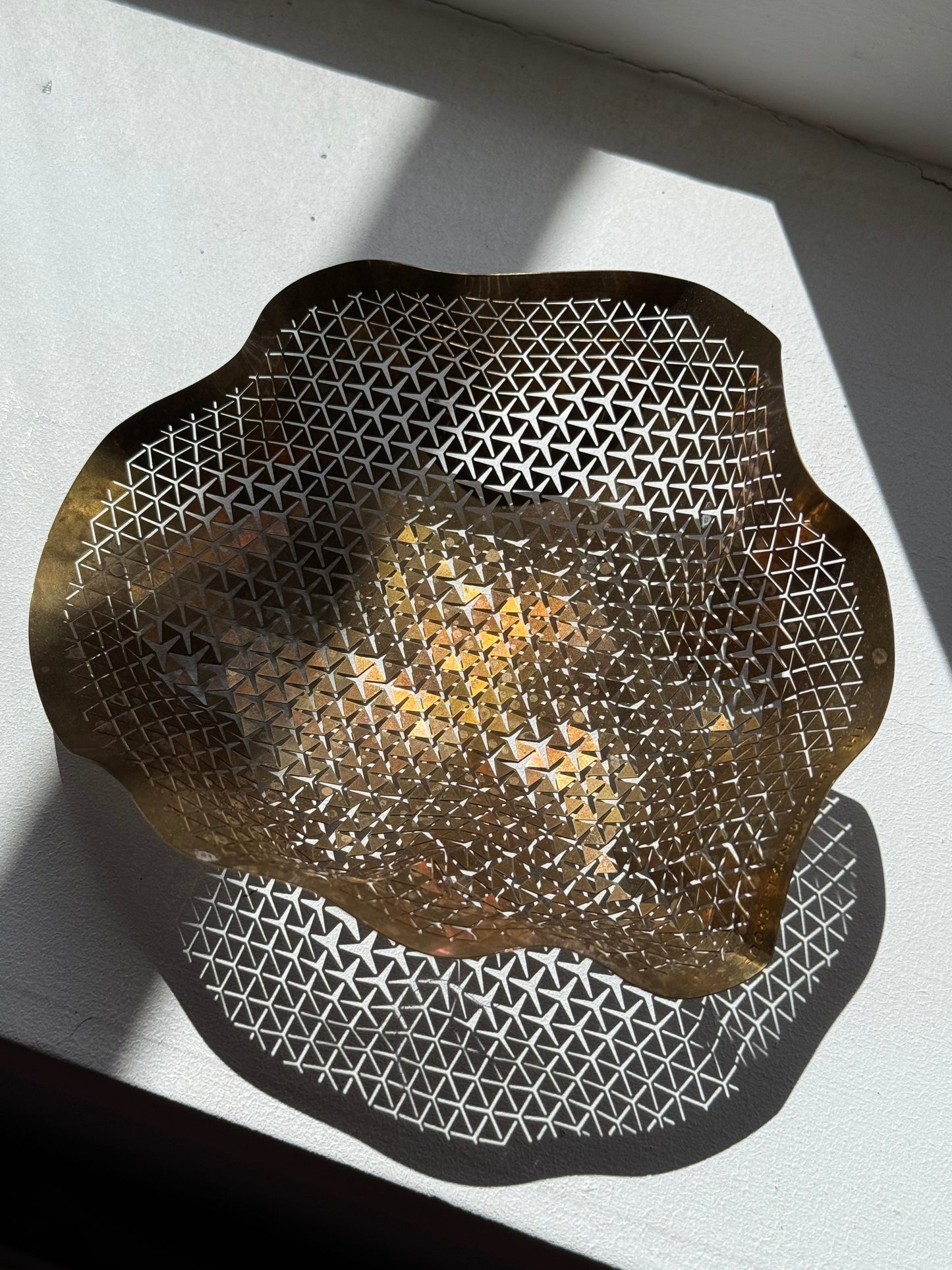 Vintage Sculptural Brass Catchall Bowl with Geometric Pierced Design
