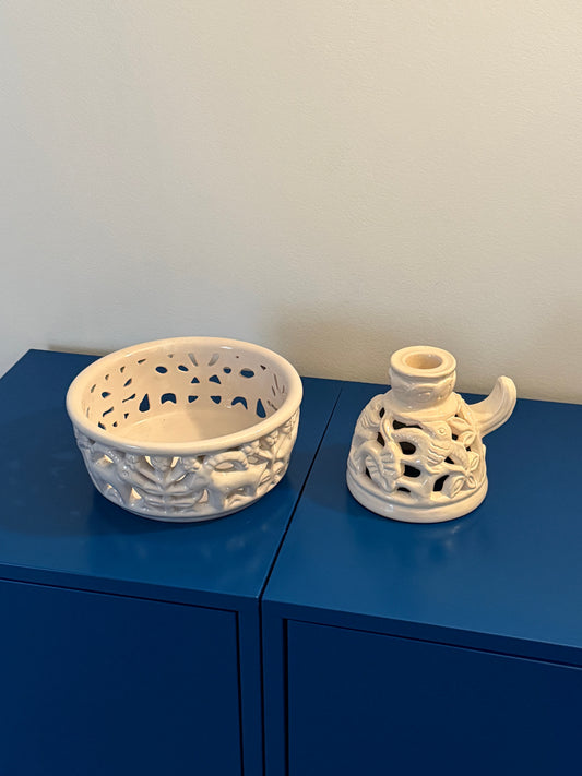 Vintage L. Hjorts Ceramic Set with Bowl and Candle Holder c. 1960s