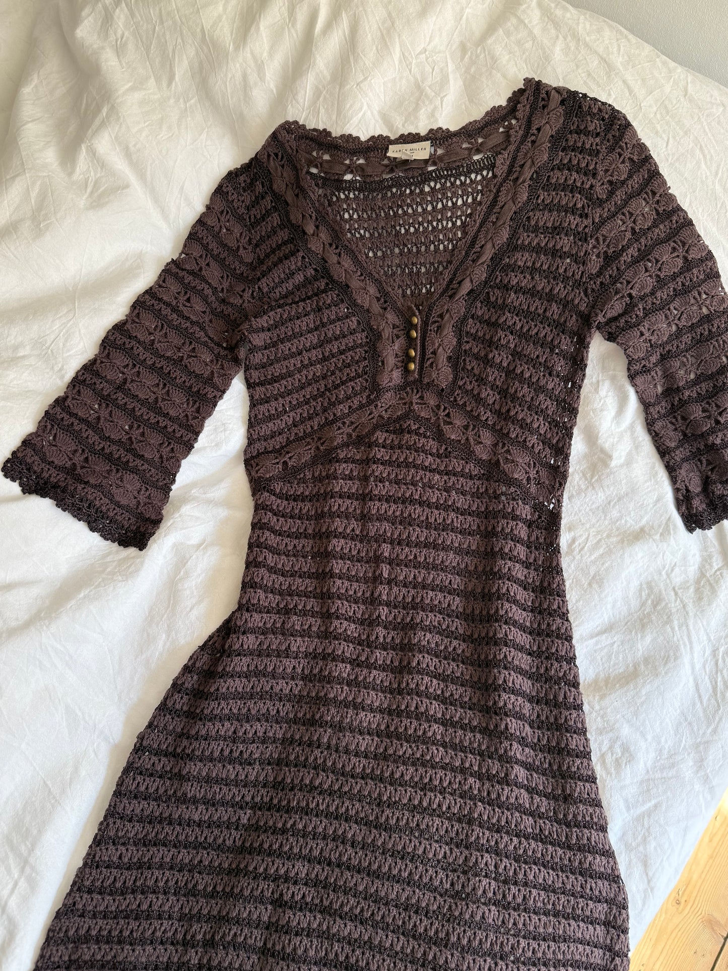 Vintage Karen Millen Brown Crochet Lace Knit Midi Dress