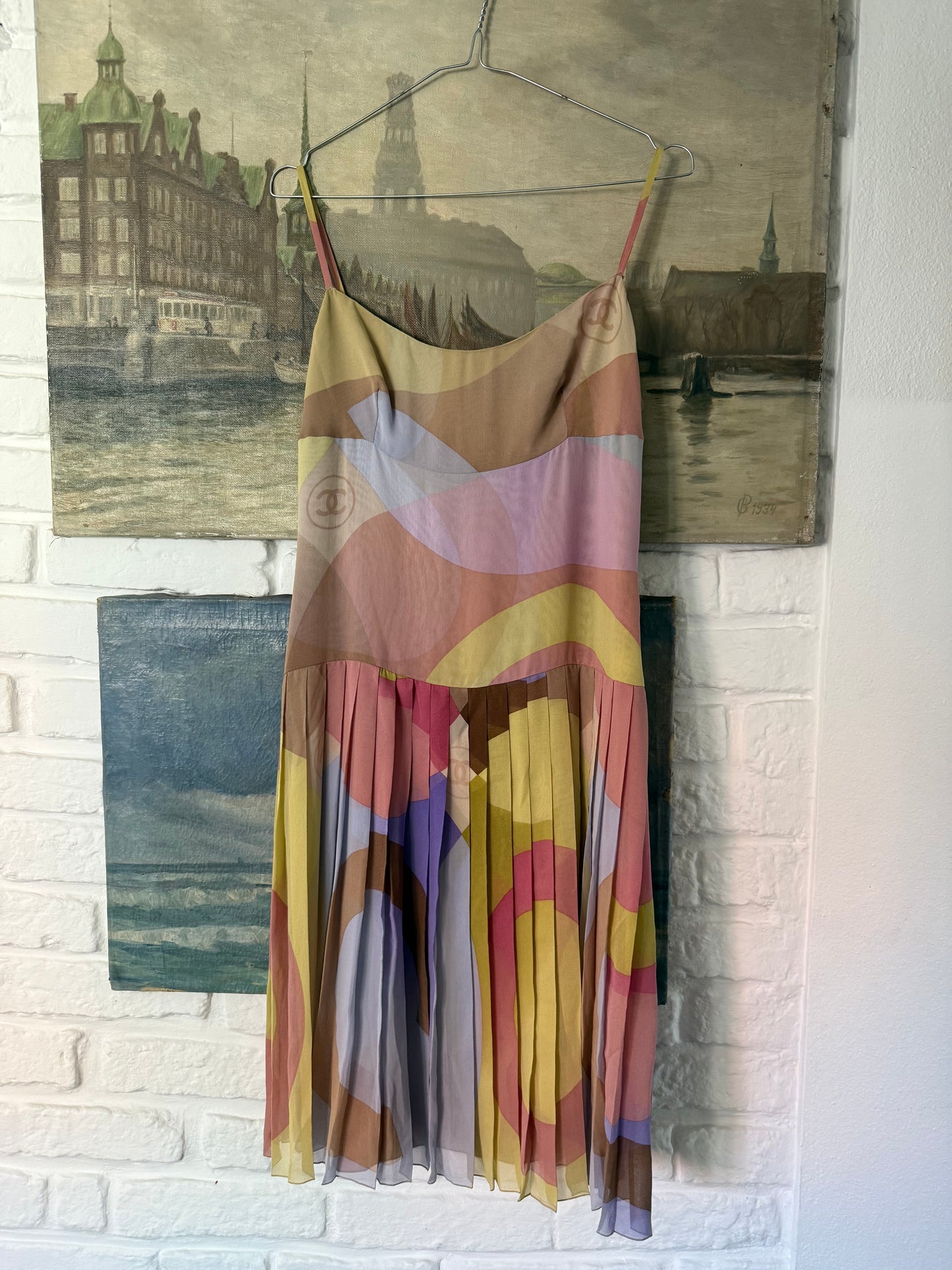 Iconic Vintage Chanel Silk Pleated Dress with Multicolor Abstract Print