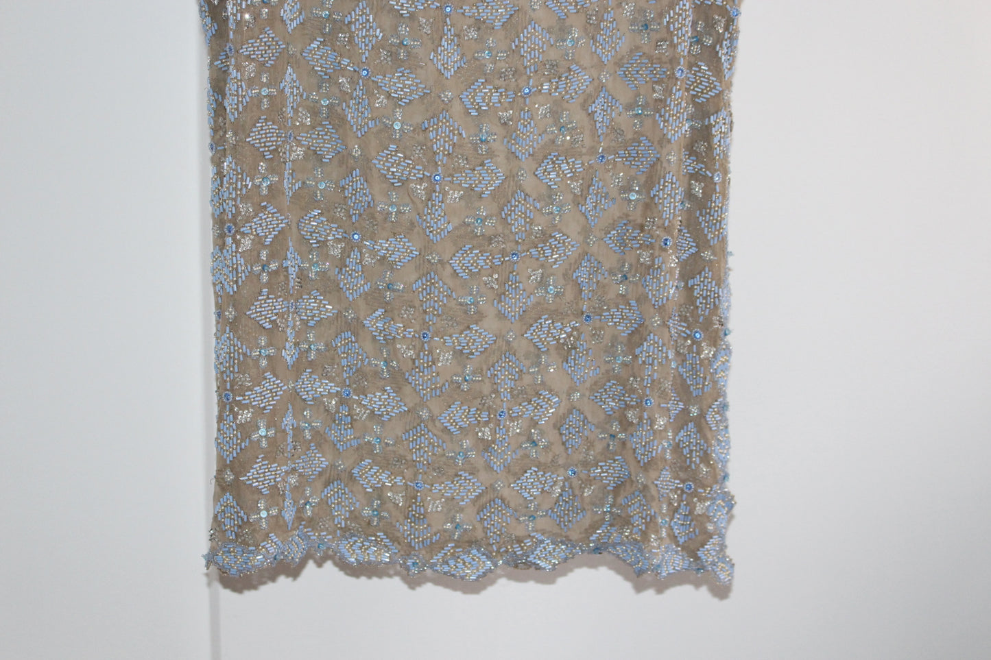 Rare Hand Beaded Vintage Cocktail Dress in Soft Nude and Blue