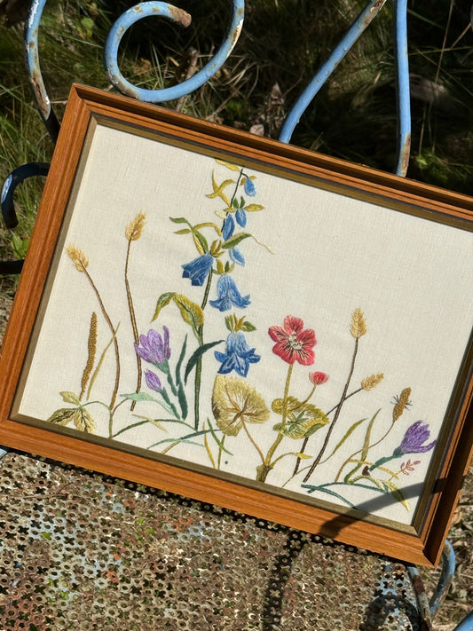 Vintage Framed Hand Embroidered Wildflowers