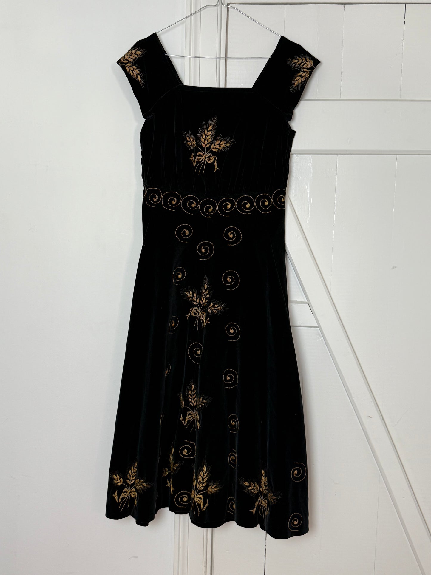 Vintage Black Velvet Embroidered Midi Dress with Gold Floral Details