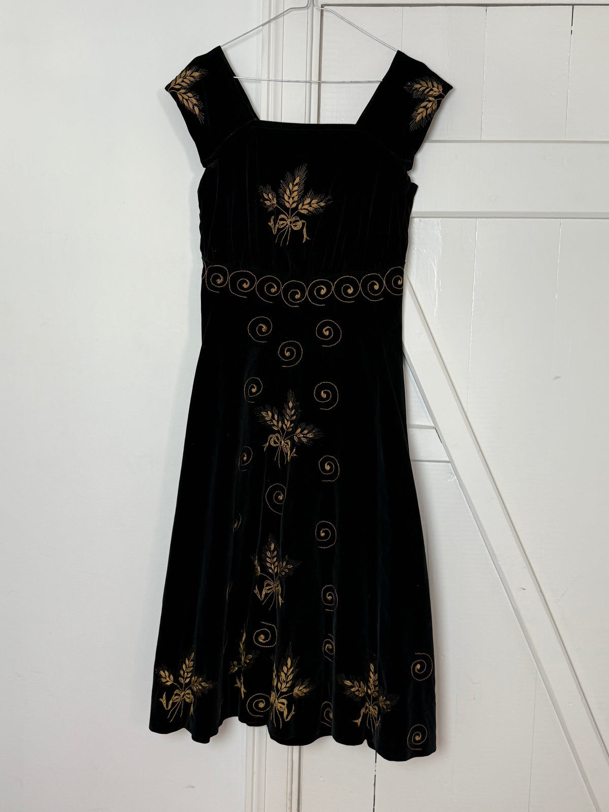 Vintage Black Velvet Embroidered Midi Dress with Gold Floral Details
