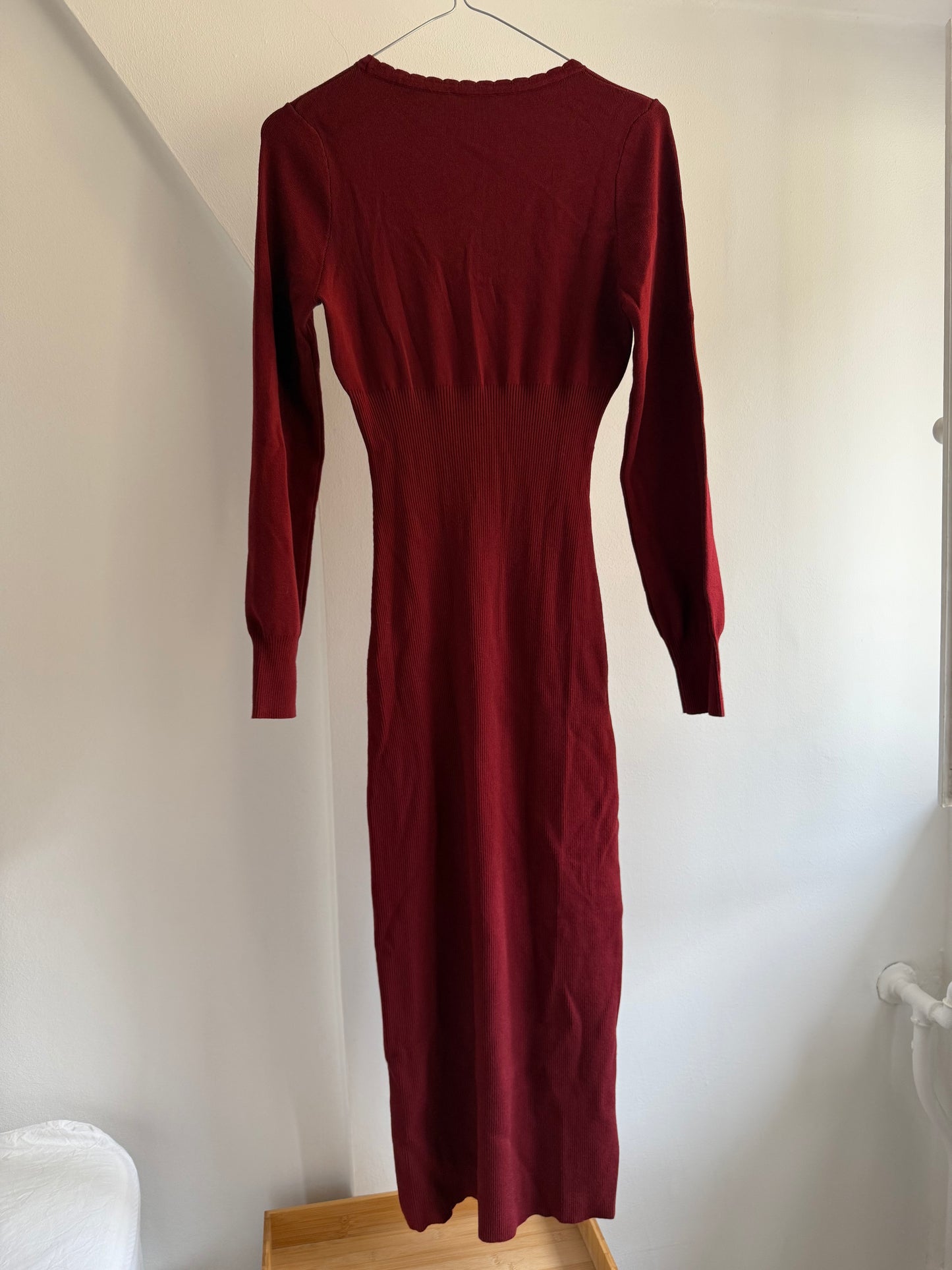 Rouje Wine Red Dress with Defined Waist and Tie Details