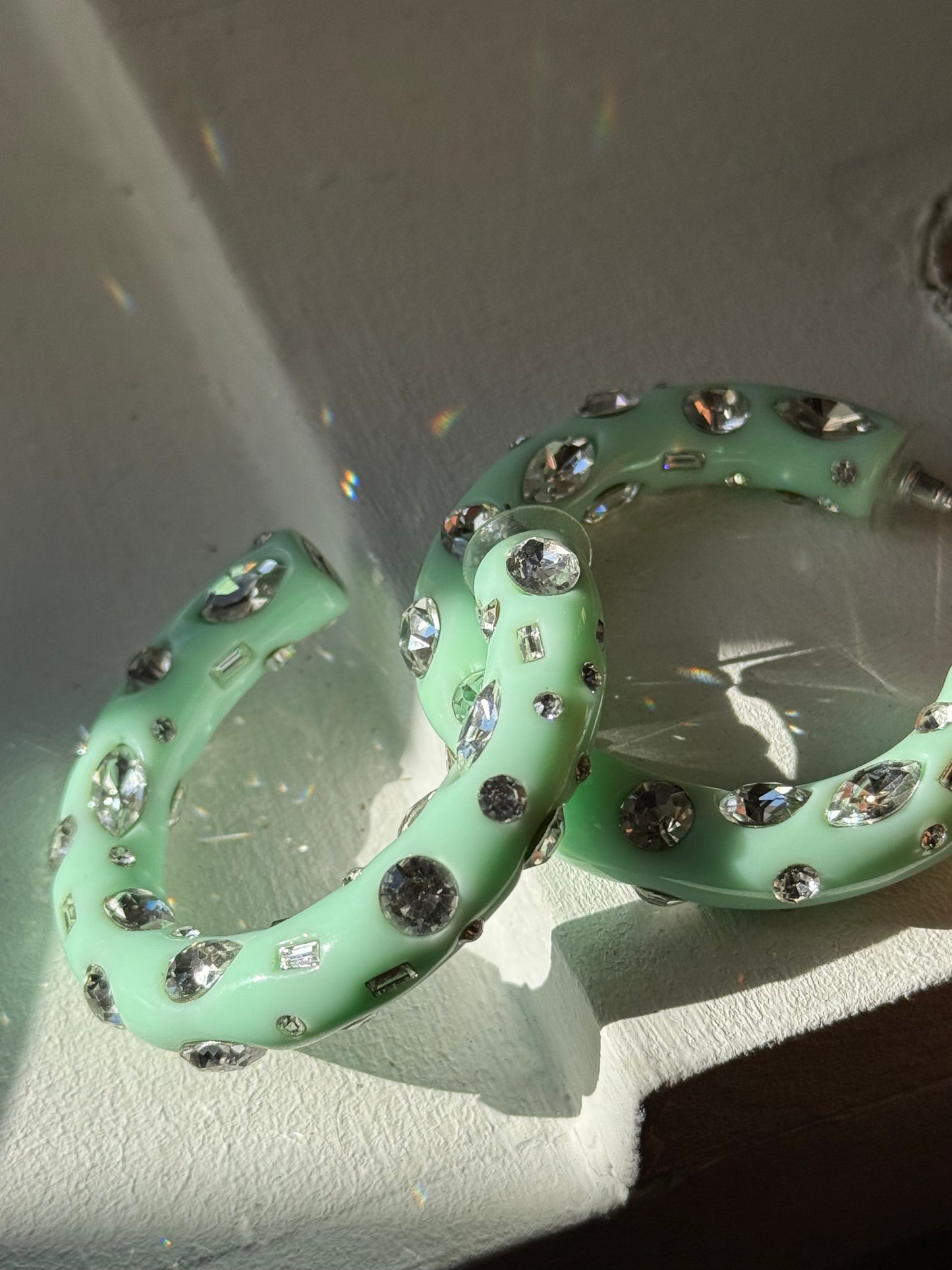 Dannijo Mint Green Resin Hoop Earrings with Crystal Embellishments