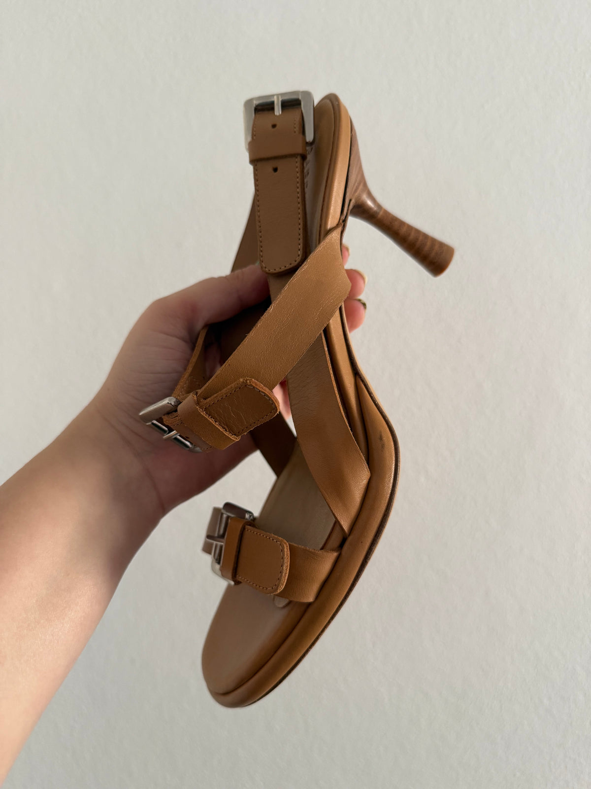 Rabens Saloner Cognac Leather Buckle Heeled Sandals