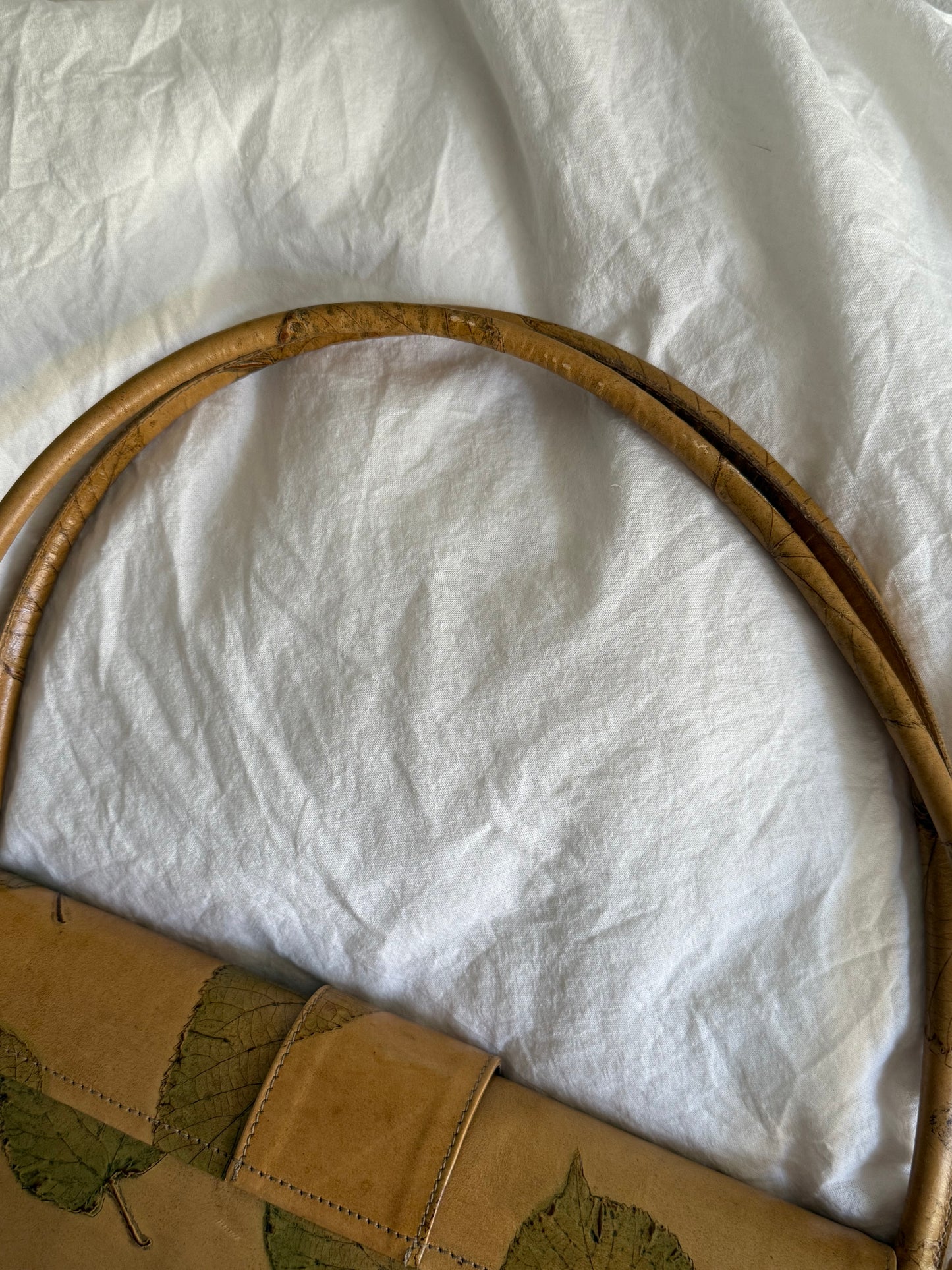 Vintage Leather Shoulder Bag and Matching Wallet with Pressed Leaves