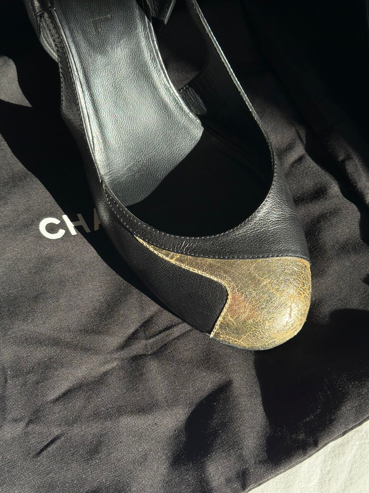 Vintage Chanel Black Leather & Gold CC Sculptural Heel Slingback Pumps