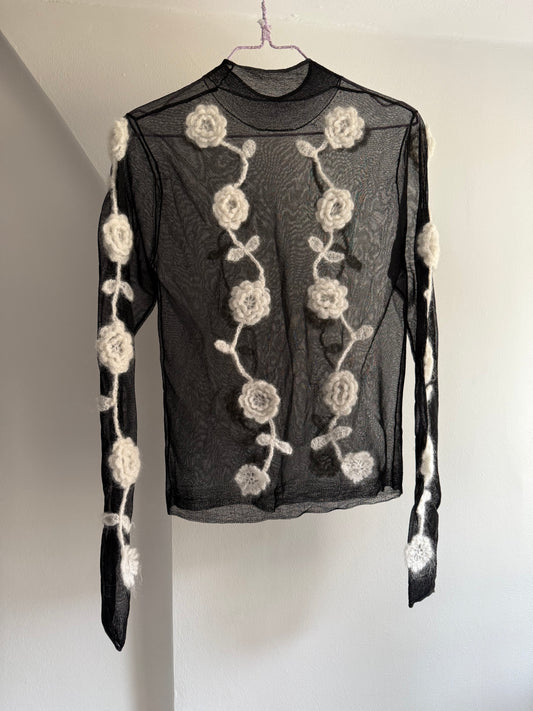 Ganni Turtleneck Mesh Top with Crochet Flowers Appliqués