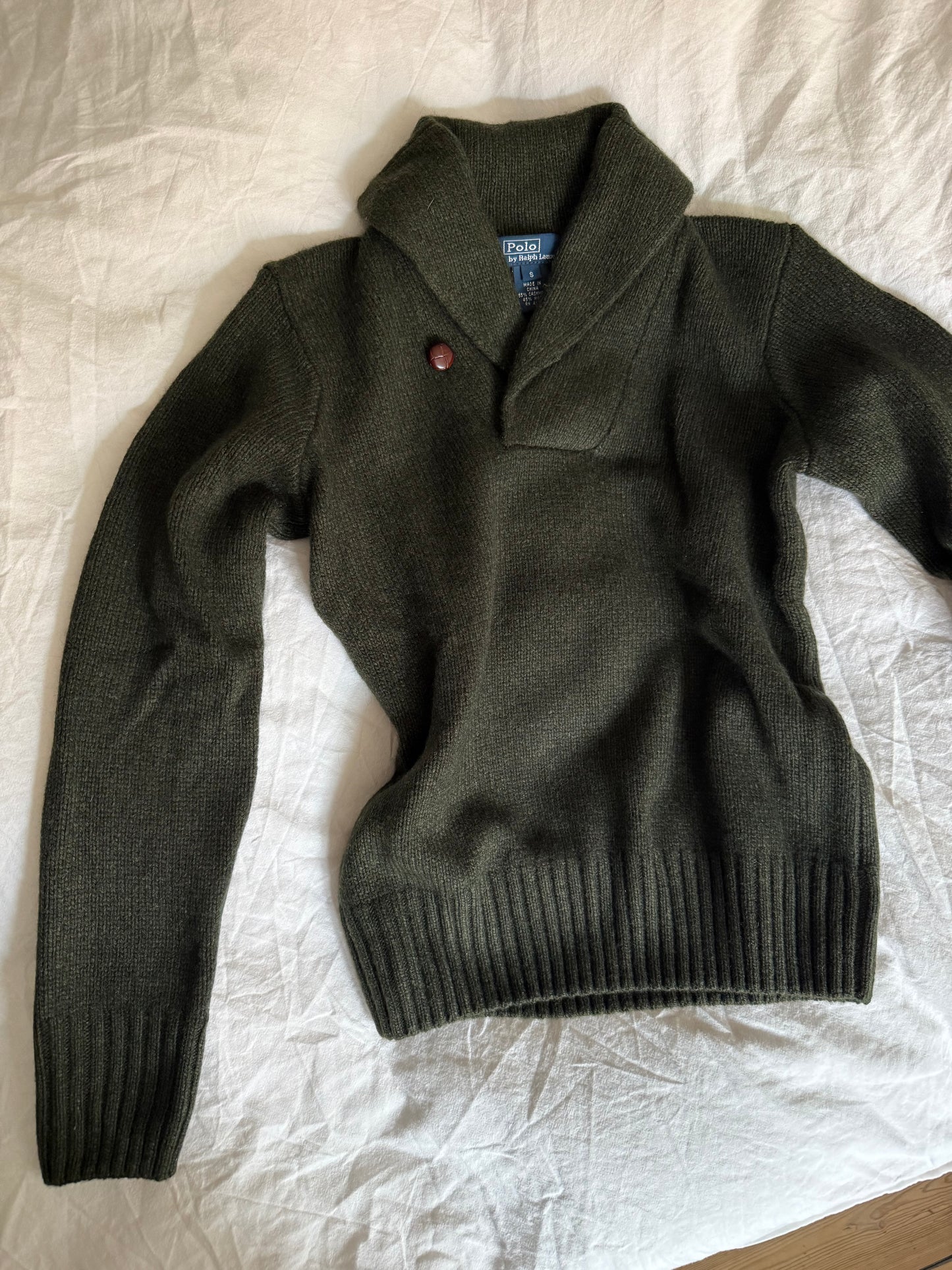 Ralph Lauren Olive Cashmere and Wool Blend Shawl Collar Sweater