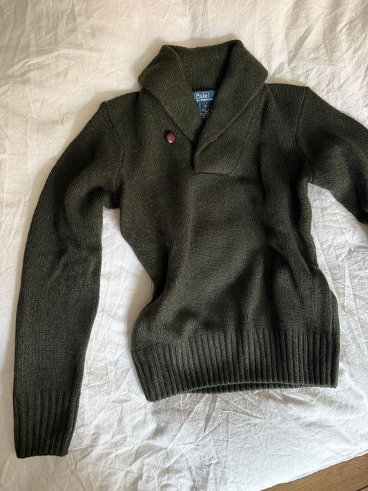 Ralph Lauren Olive Cashmere and Wool Blend Shawl Collar Sweater