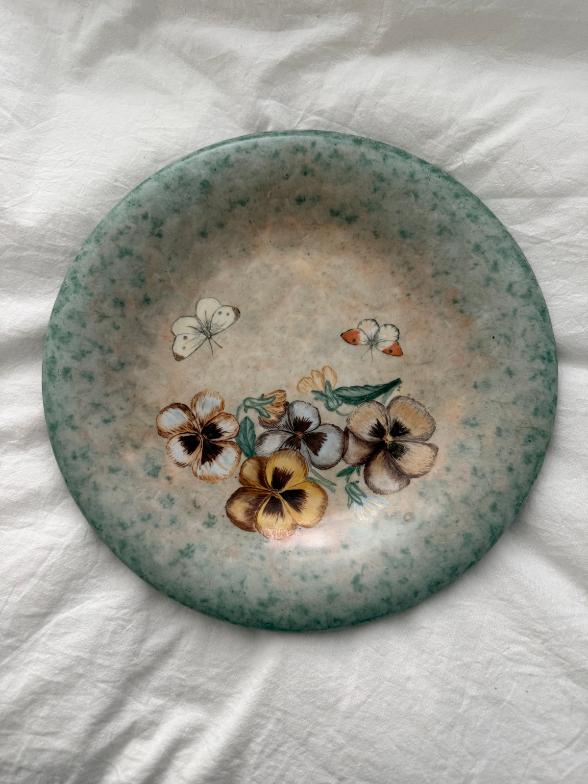 Vintage Hand Painted Pansy & Butterfly Ceramic Platter