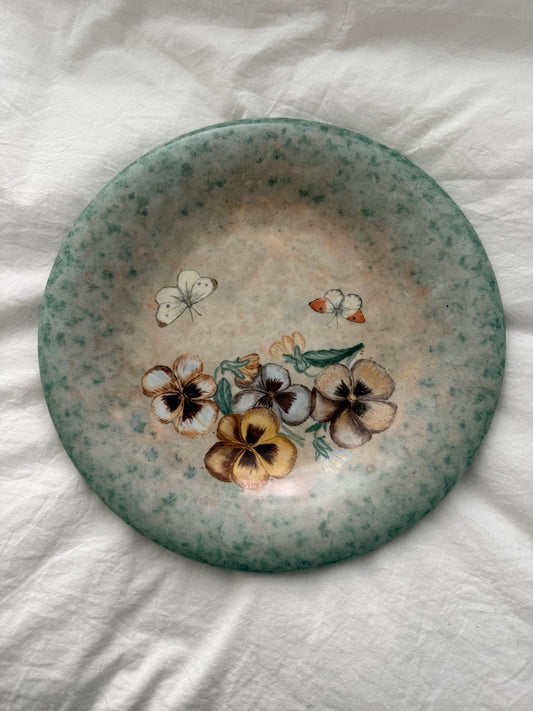 Vintage Hand Painted Pansy & Butterfly Ceramic Platter
