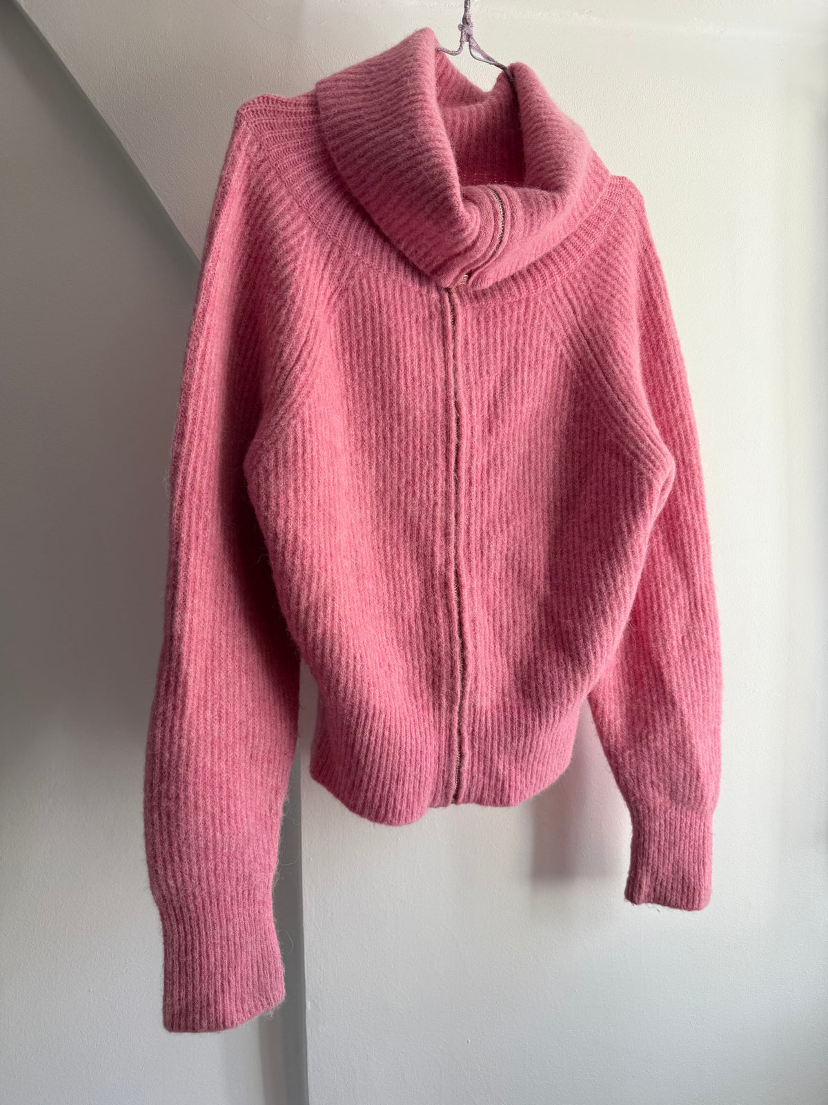 Maje Pink Alpaca Wool Blend High Collar Zip Cardigan
