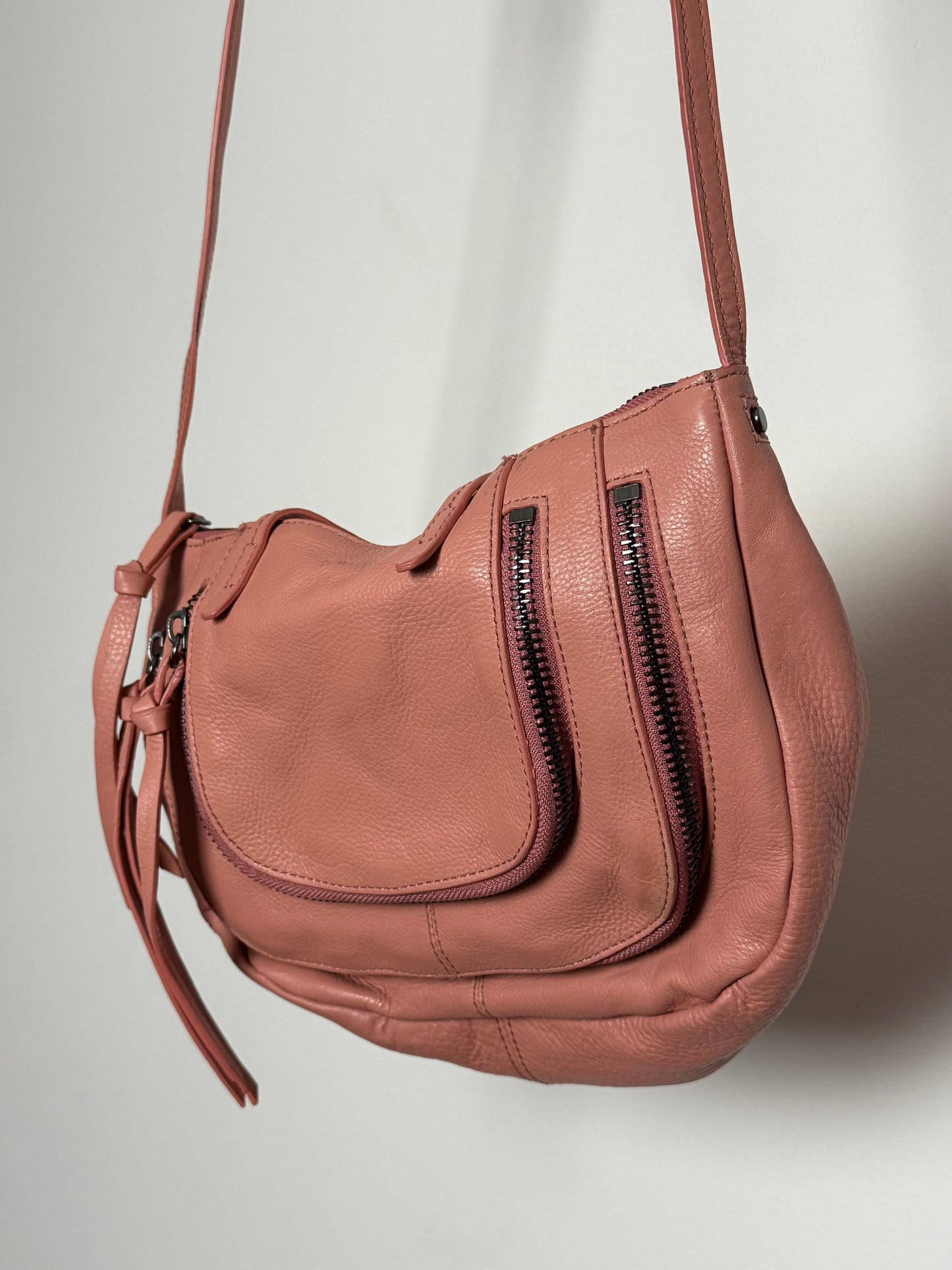 Kooba Blush Soft Leather Shoulder Bag with Multi Zip Pockets and Adjustable Strap