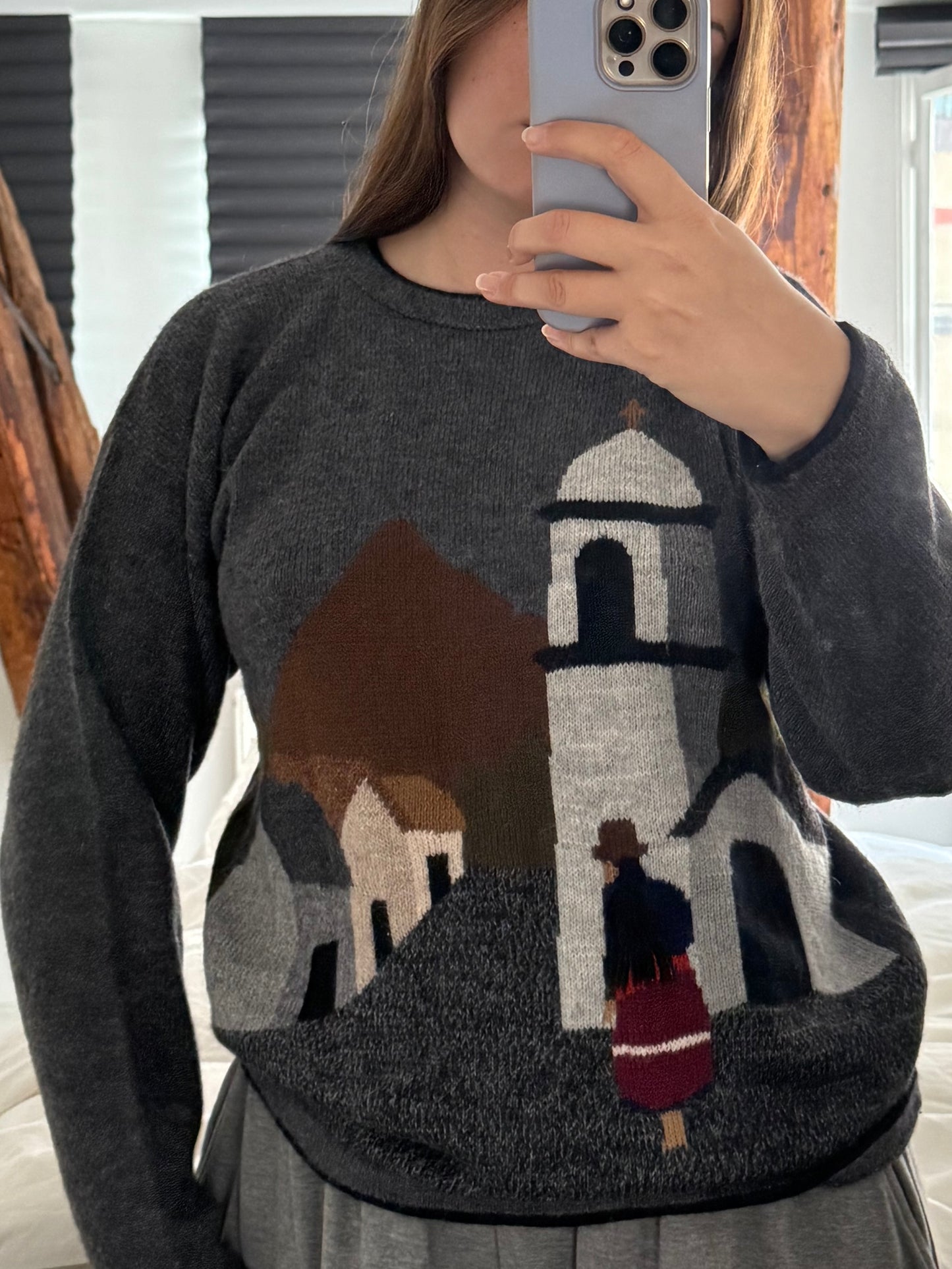 Vintage Alpaca Peru Sweater with Church Pattern