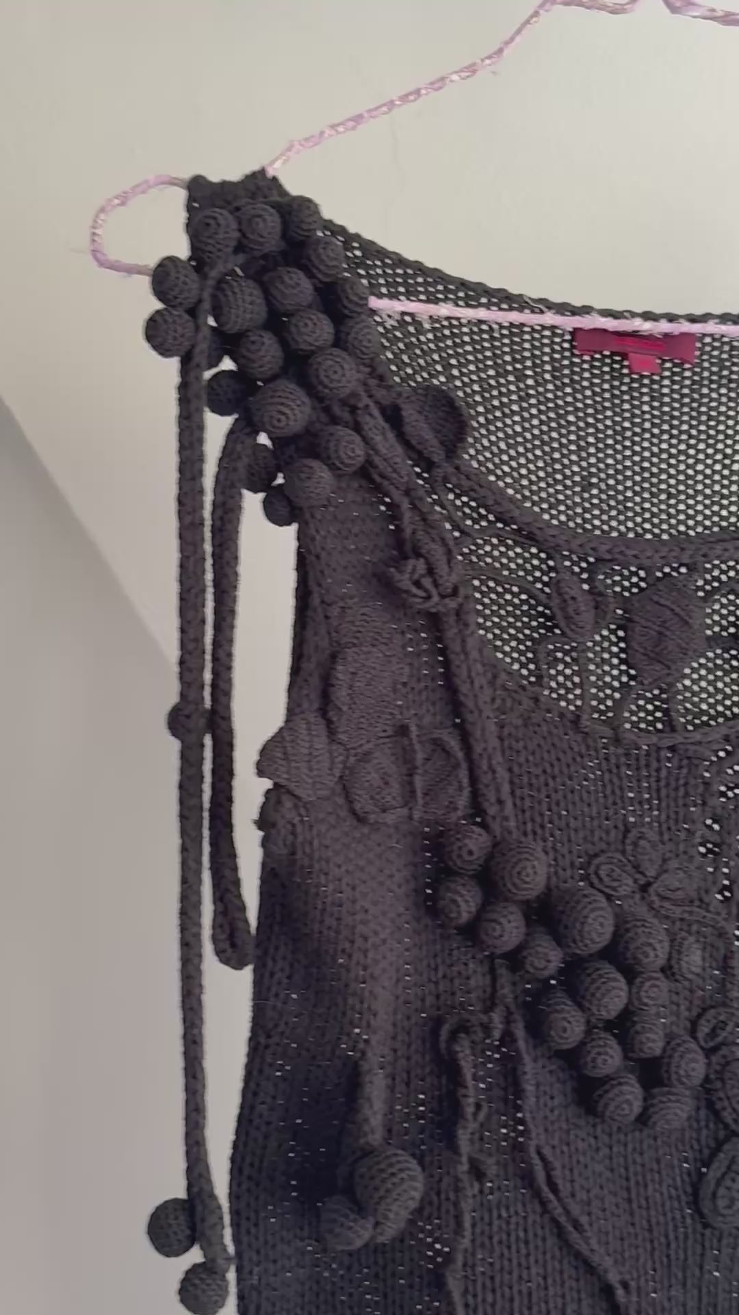 Rare Vintage Kenzo Black Knit Tank with Sculptural Crochet Details